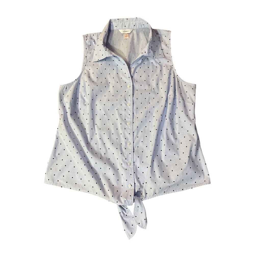 CJ Banks 1X Blue Striped Polka Dot Tie Front Blouse Used Sleeveless Casual - Picture 3 of 10
